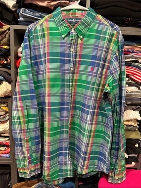 VINTAGE Ralph Lauren Men's Green Plaid Button-Down Shirt